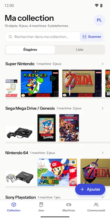 “My collection” screen: Super Nintendo, Mega Drive and Nintendo 64 shelves with their box art