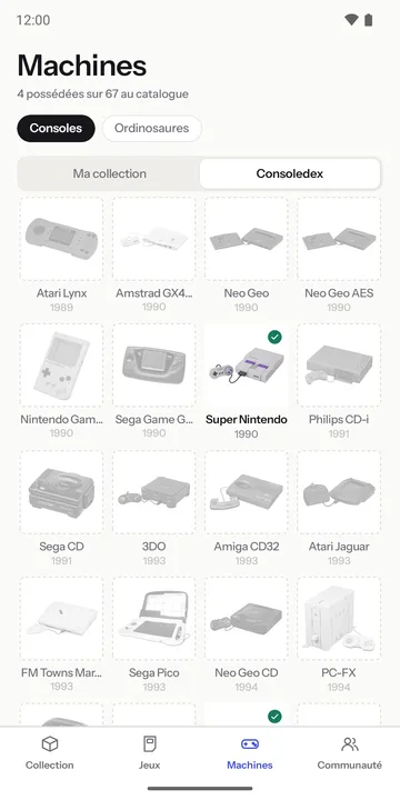Consoledex: grid of consoles, the owned ones ticked