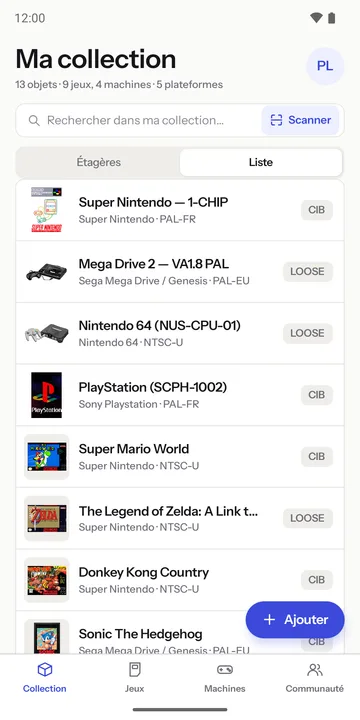 List view of the collection, with the completeness of each item (CIB, loose)