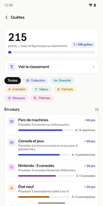 Quests screen: score, progress and quests in progress